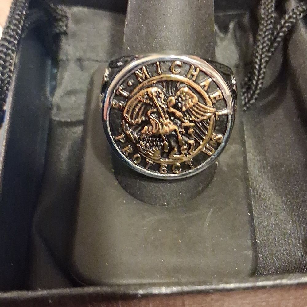 Stainless Steel St. Michael Ring - Black and Gold Size 11 Mens New In Box